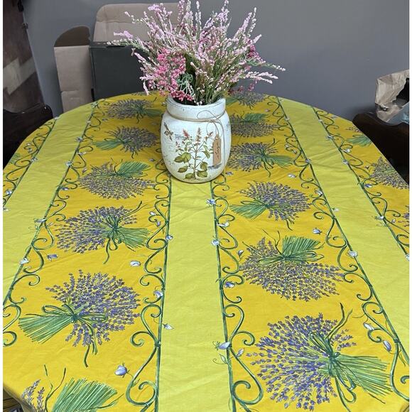VTG La Cigale Provence France Yellow Cotton Table Cloth Lavender Round 29x29 - Picture 1 of 15